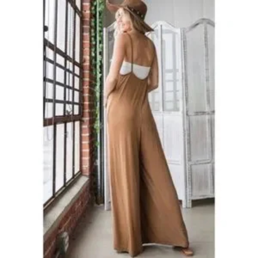SOLD OUT Camel Bohemian Solid Convertible Oversized Wide Leg Casual Jumpsuit - Picture 5 of 5